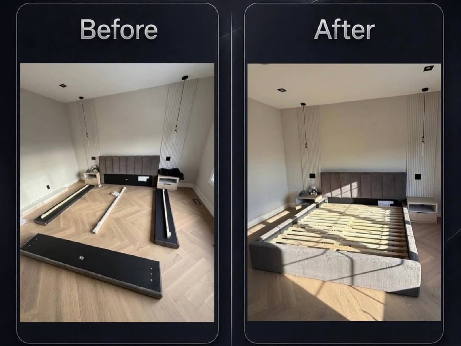 Before and after: bed components on the floor, then the assembled frame in place