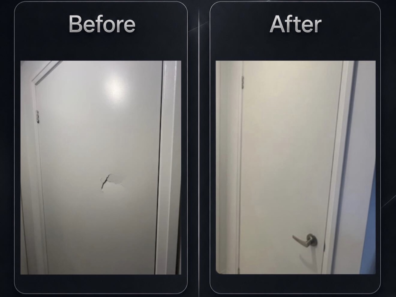Before and after: a hole punched through the door, then repaired and repainted