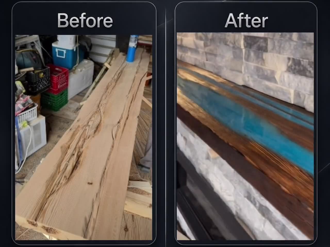 Before and after: the raw live-edge slab, then the finished epoxy mantel