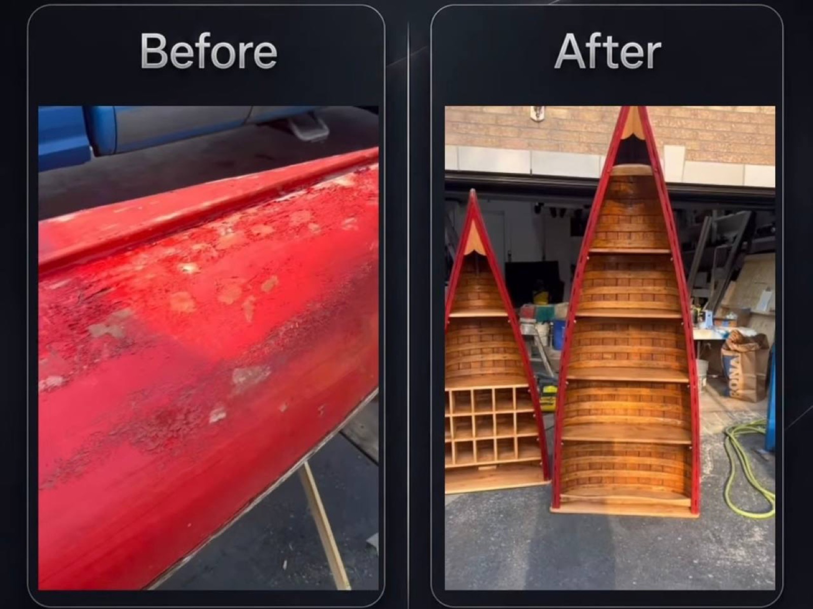 Before and after: the flaking red canoe hull, then the finished shelving unit