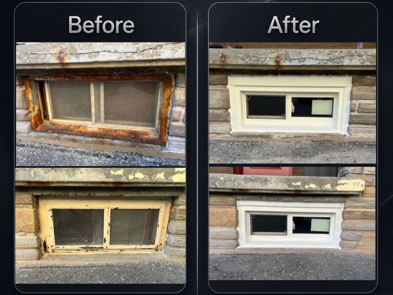 Before and after: both basement windows, rusted and peeling, then replaced